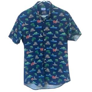 Buoy Boat Men’s Hawaiian Shirt Size M Navy Blue Surf Van Island Print Short Slee